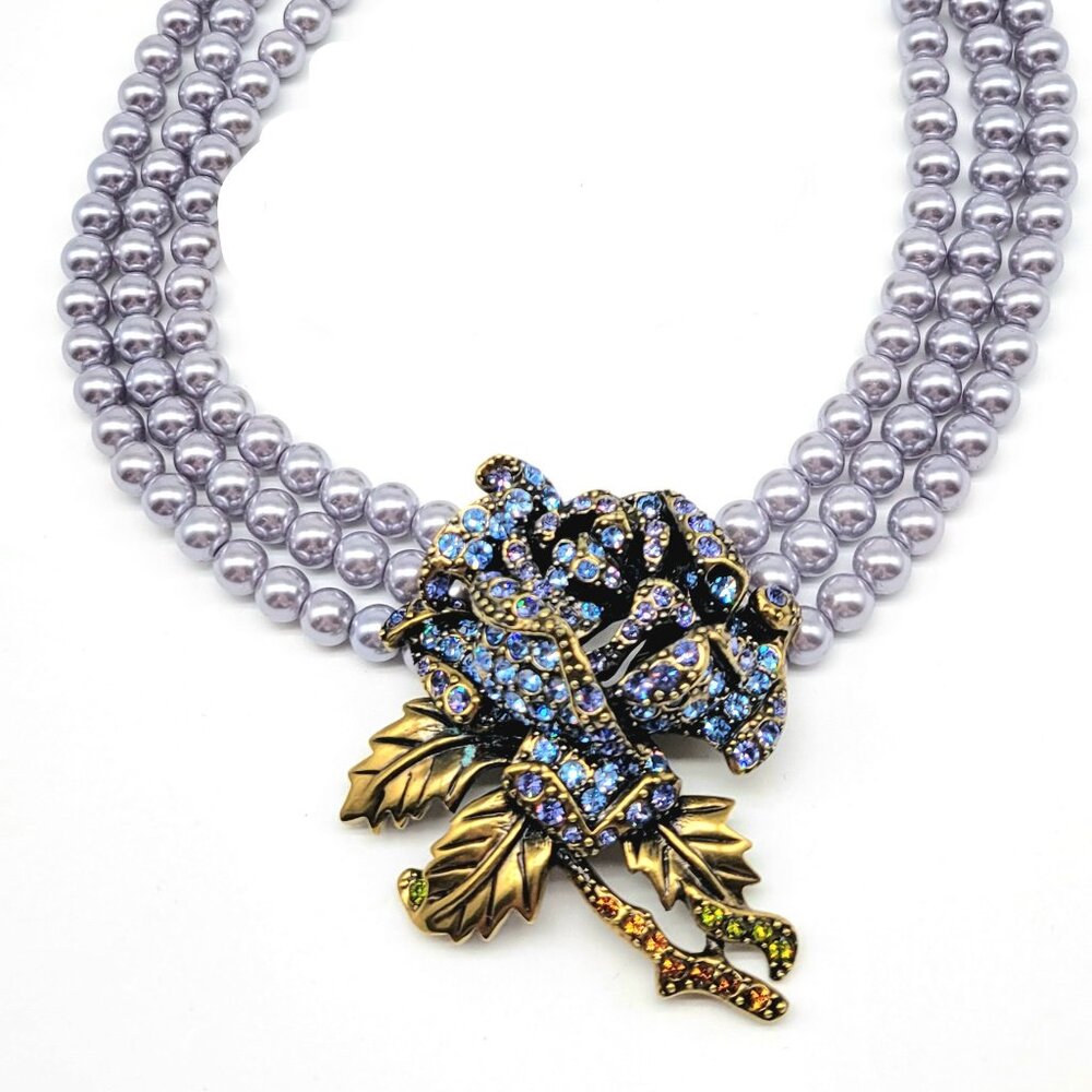 Heidi Daus Tanzanite Swarovski Crystal Rose with Triple Strand Blue Pearls
